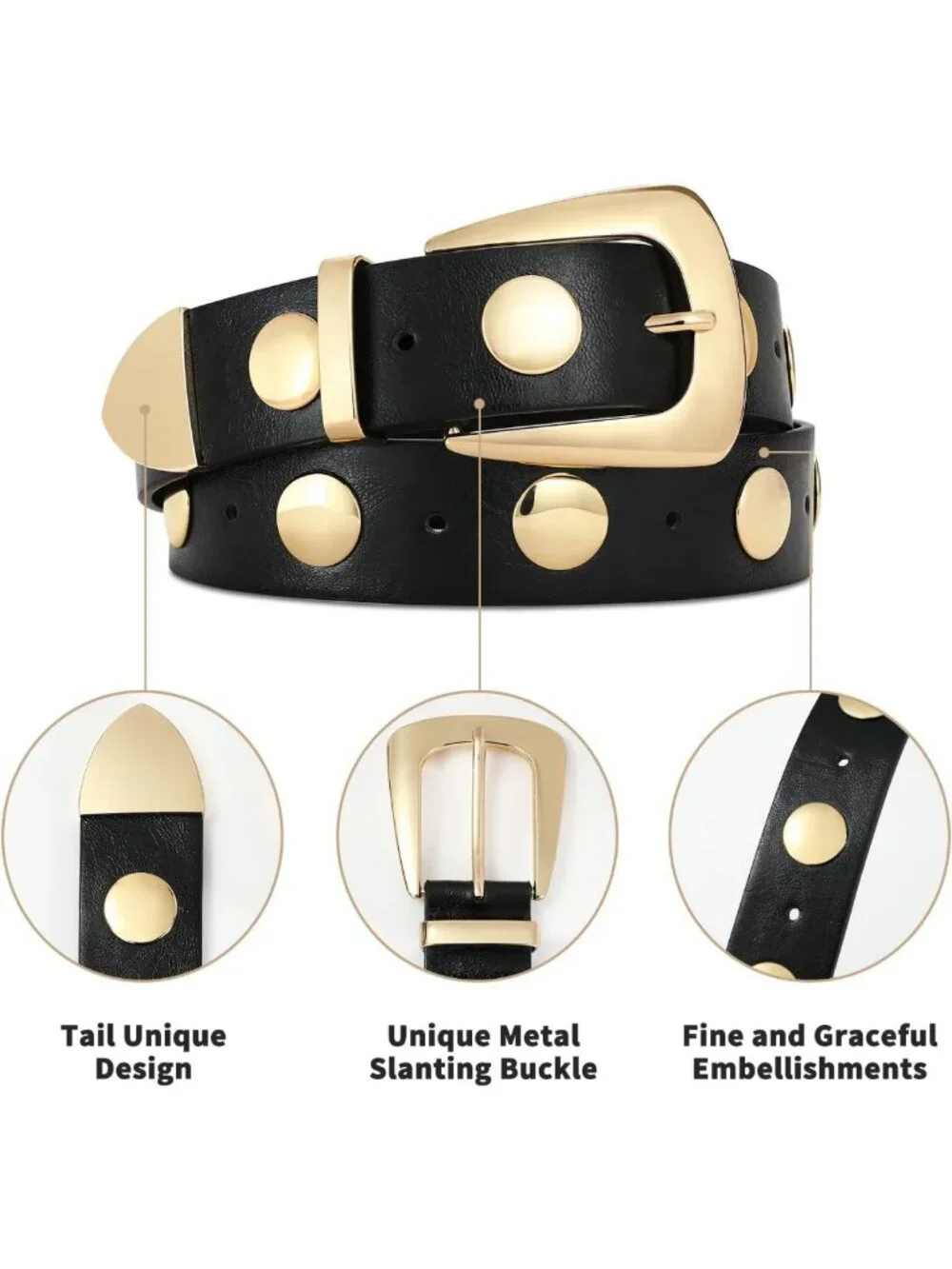 Stylish Black Leather Belt with Gold Buckle - Punk Studded Waist Belt for Jeans